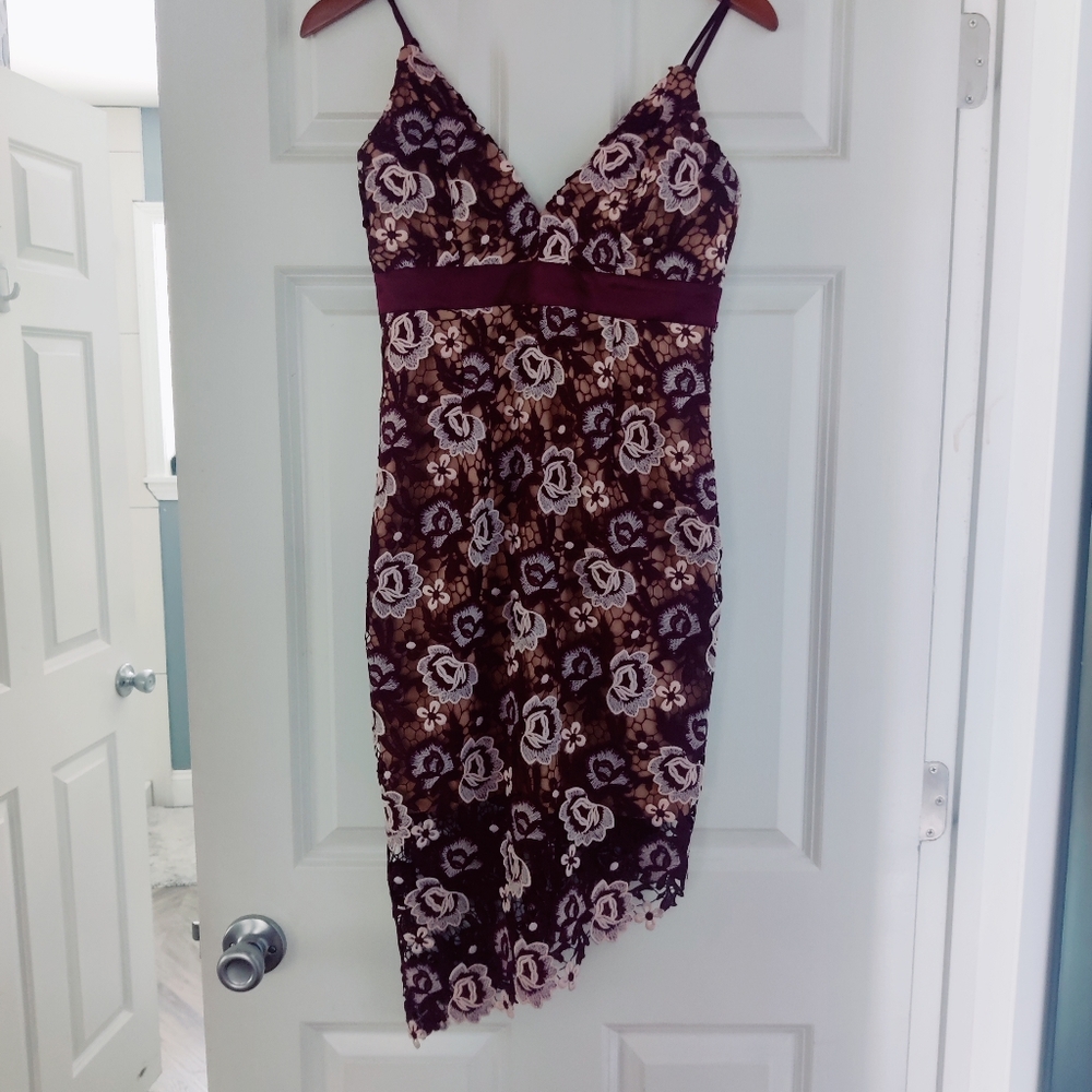 Bardot burgundy lace floral dress